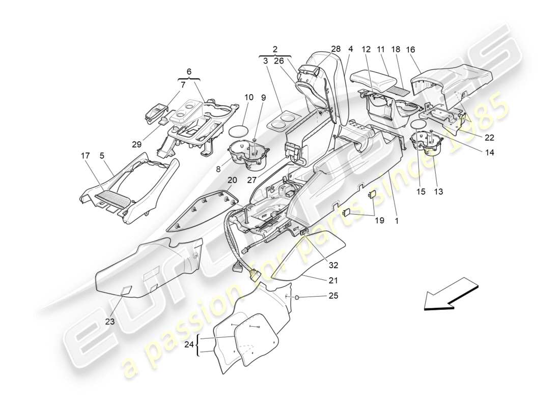 maserati granturismo s (2017) diagrama de piezas de la consola de accesorios y la consola central