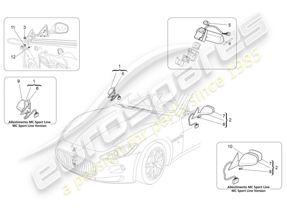 maserati granturismo s (2017) diagrama de piezas de los espejos retrovisores internos y externos