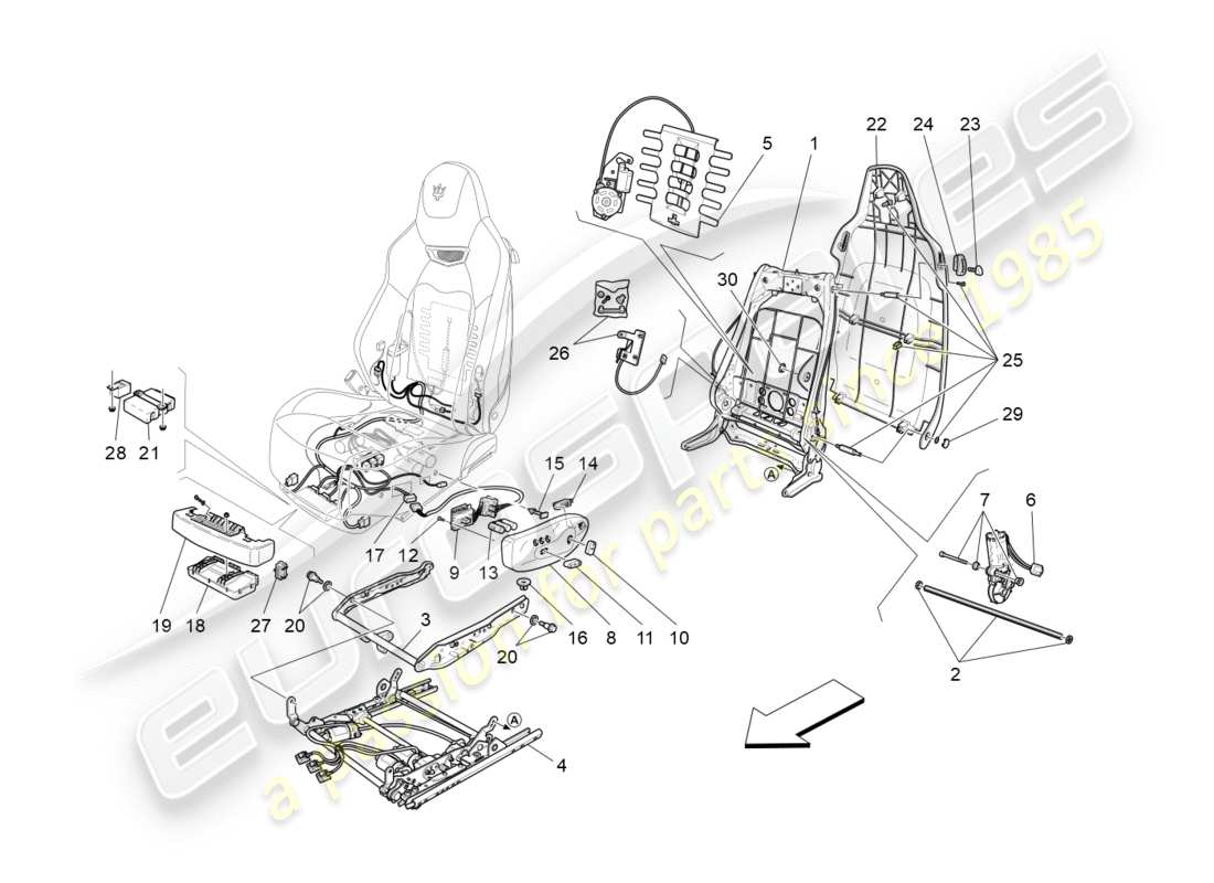 maserati granturismo s (2018) asientos delanteros: mecánica y electrónica diagrama de piezas