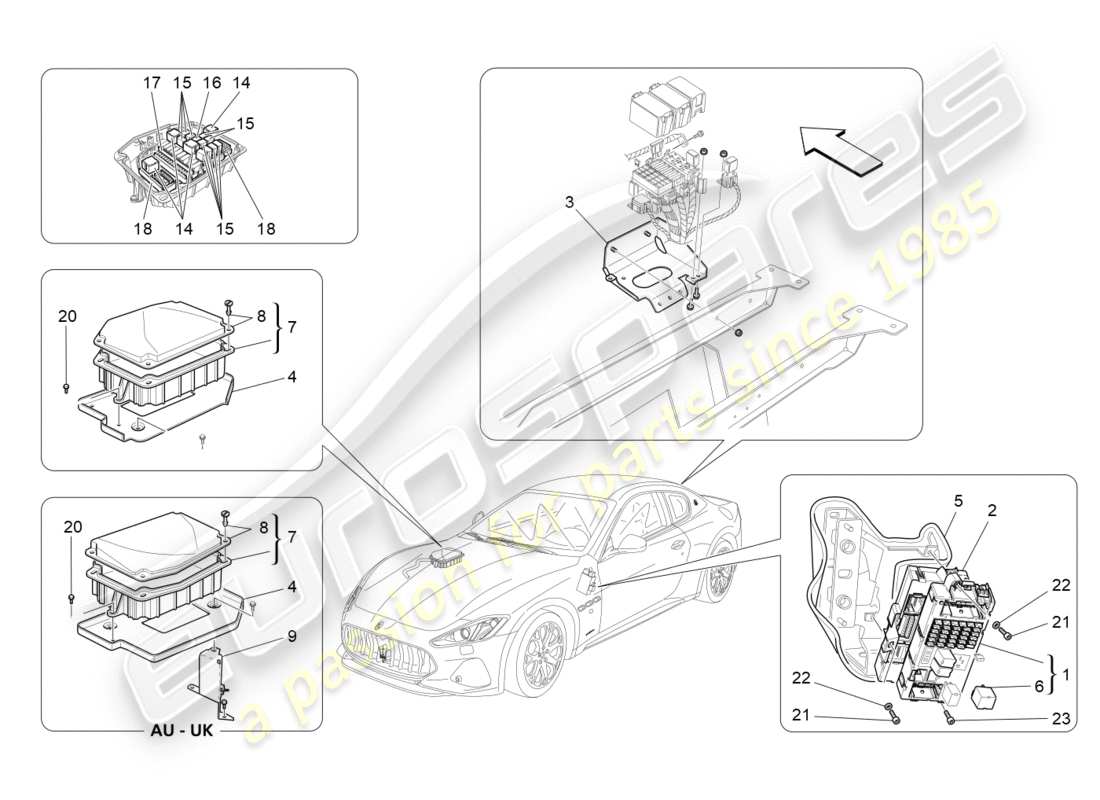 maserati granturismo s (2020) diagrama de piezas de relés, fusibles y cajas