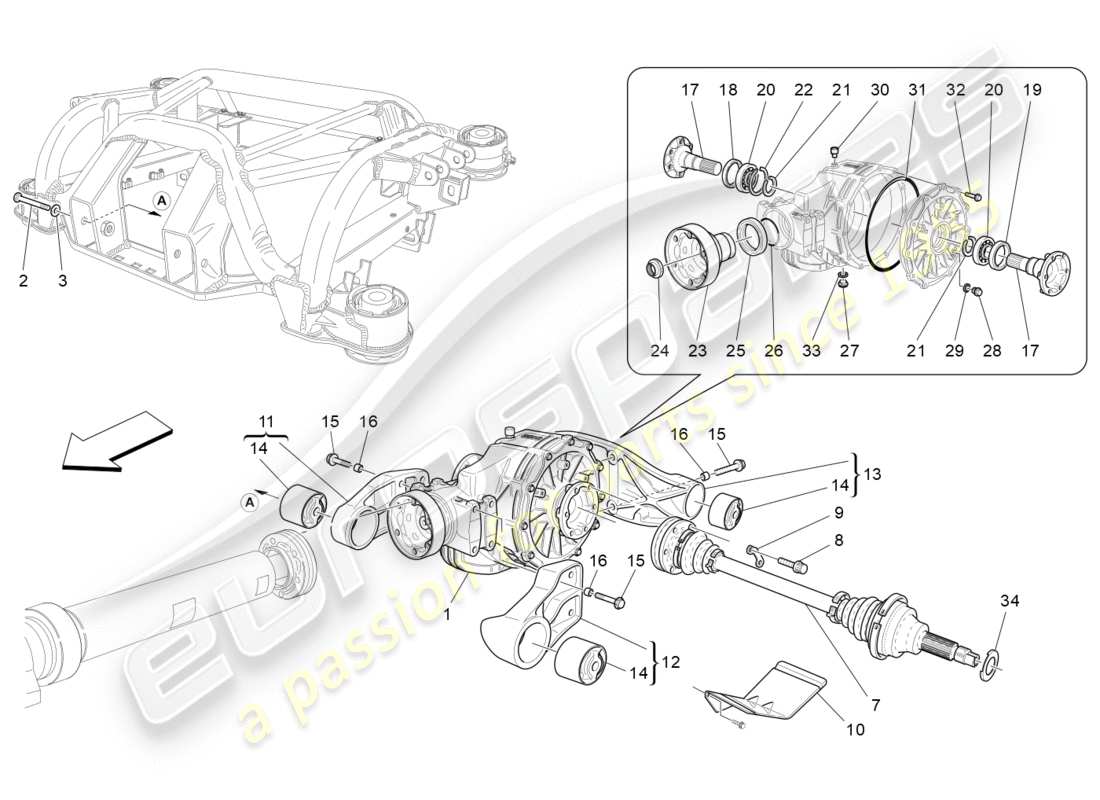 maserati granturismo (2010) diagrama de piezas del diferencial y del eje trasero