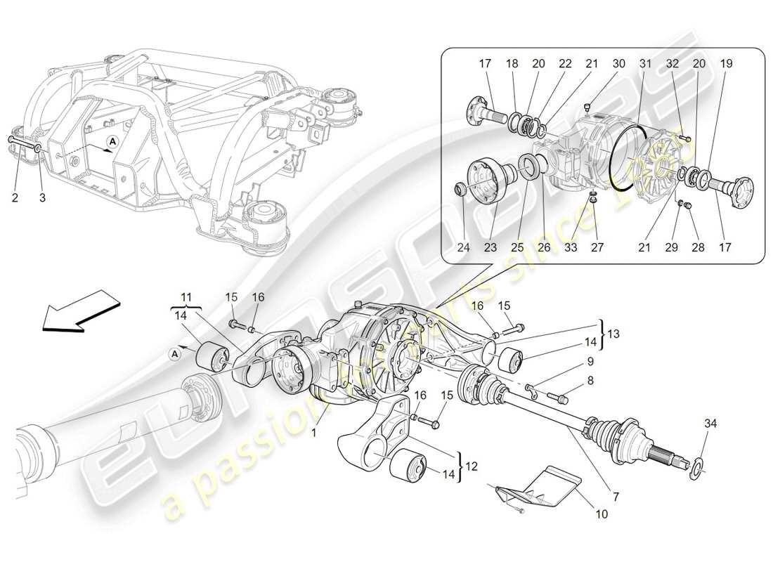 maserati granturismo (2009) diagrama de piezas del diferencial y del eje trasero