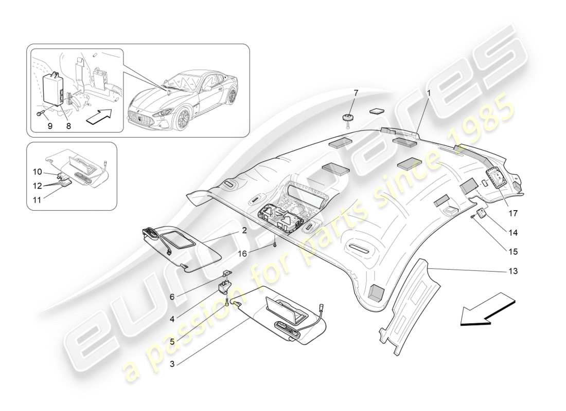 maserati granturismo s (2018) diagrama de piezas de techo y parasoles