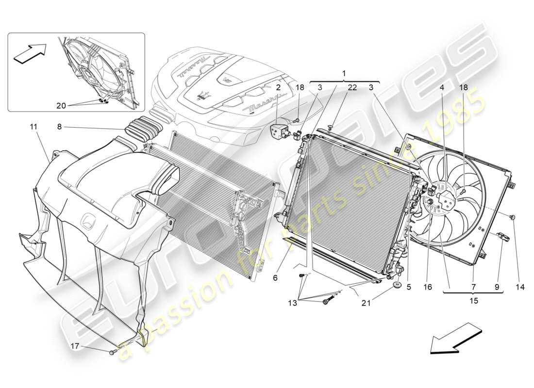 maserati qtp 3.0 tds v6 275hp (2015) enfriamiento: diagrama de piezas de conductos y radiadores de aire
