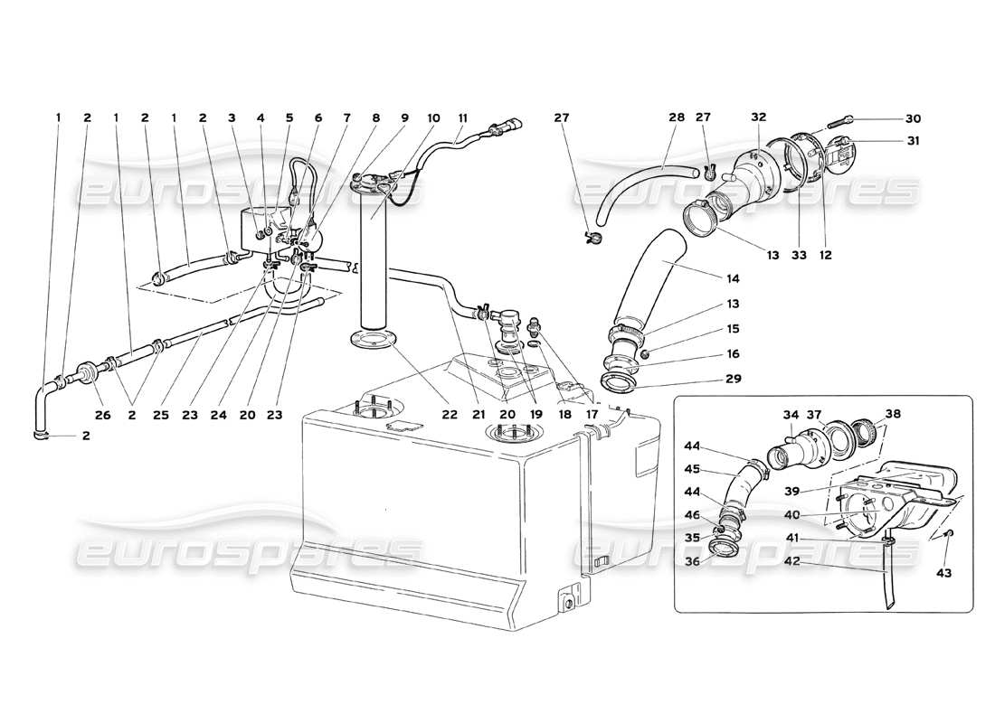 lamborghini diablo sv (1999) diagrama de piezas del sistema de combustible (para automóviles con inserción rápida de combustible)