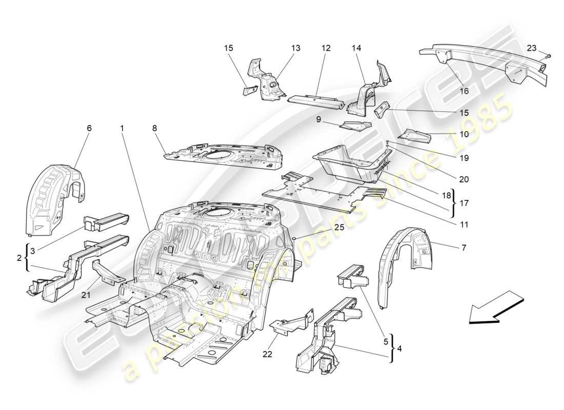 maserati granturismo s (2017) diagrama de piezas de marcos estructurales traseros y paneles de chapa