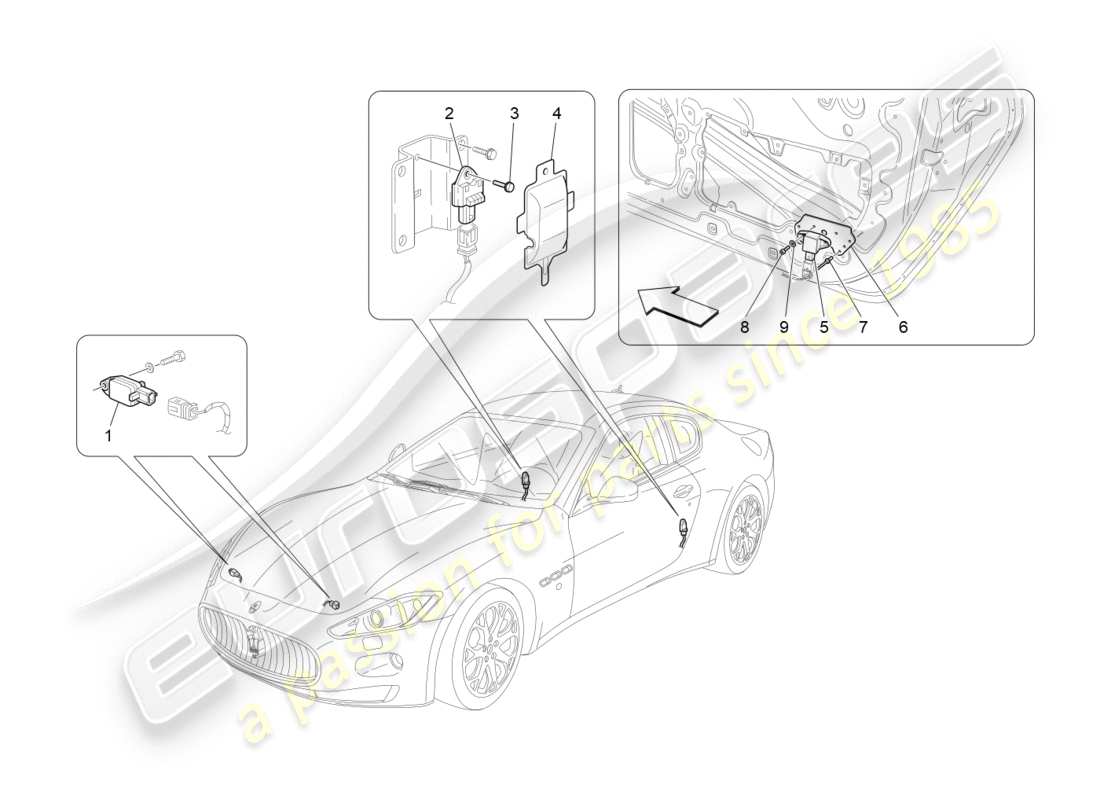 maserati granturismo s (2017) diagrama de piezas de los sensores de colisión