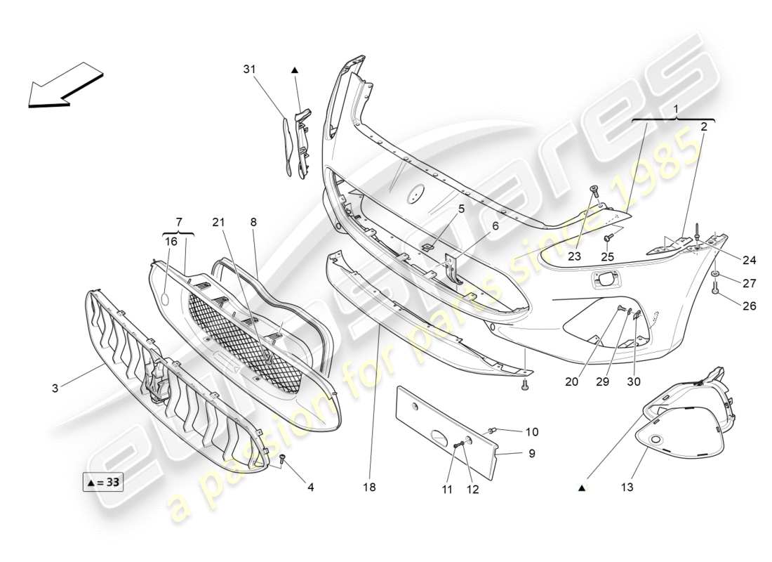 maserati granturismo s (2018) diagrama de piezas del parachoques delantero
