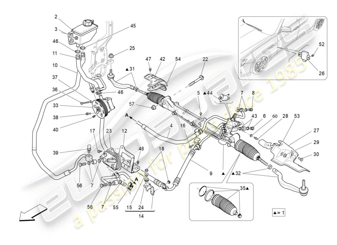 maserati qtp 3.0 bt v6 410hp (2014) diagrama de pieza de la unidad de cremallera de dirección completa