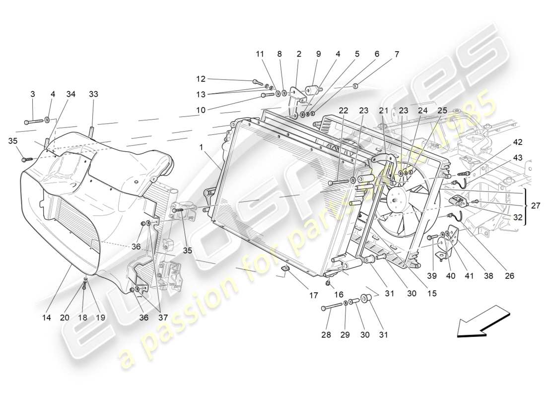 maserati granturismo s (2013) enfriamiento: diagrama de piezas de conductos y radiadores de aire