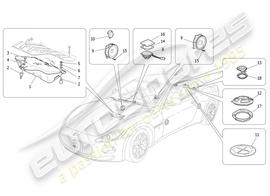 maserati granturismo (2008) diagrama de piezas del sistema de difusión de sonido