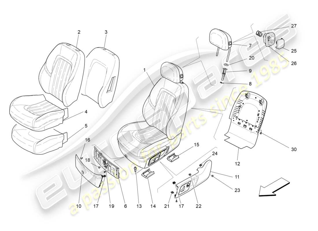 maserati qtp 3.0 bt v6 410hp (2014) asientos delanteros: diagrama de piezas de los paneles tapizados