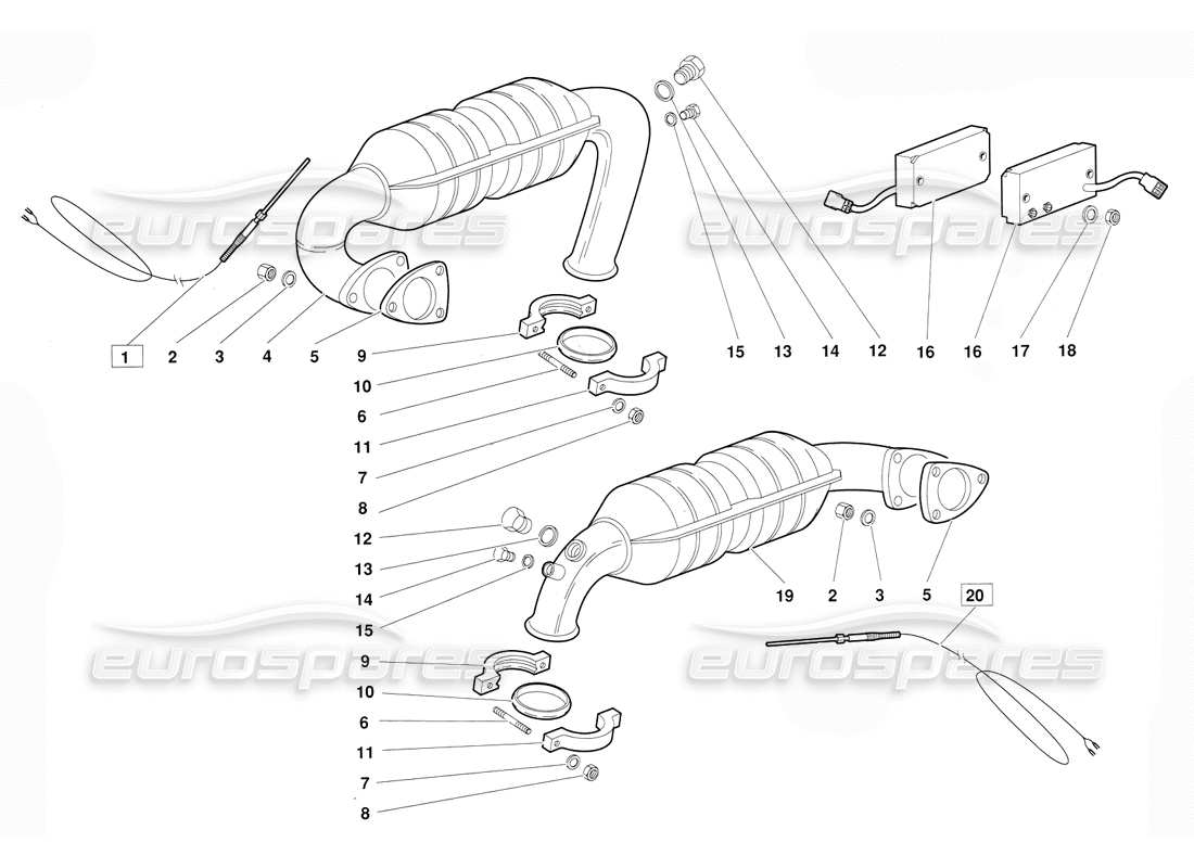 lamborghini diablo (1991) diagrama de piezas del sistema de escape (válido para la versión 1992 de junio)