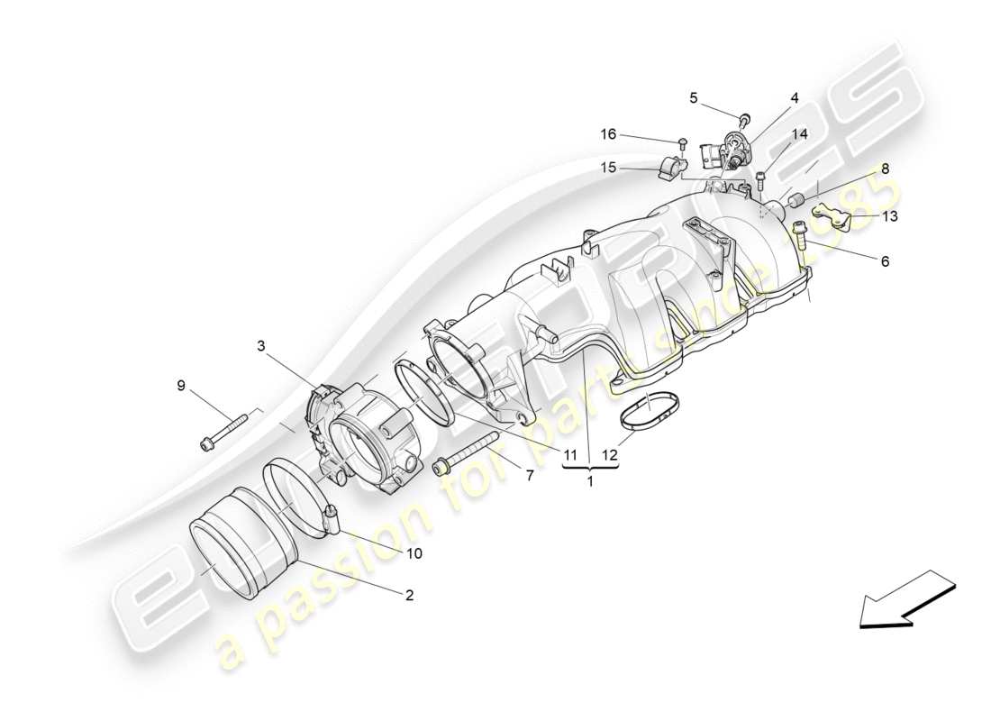 maserati qtp 3.0 bt v6 410hp (2014) diagrama de partes del colector de admisión y del cuerpo del acelerador