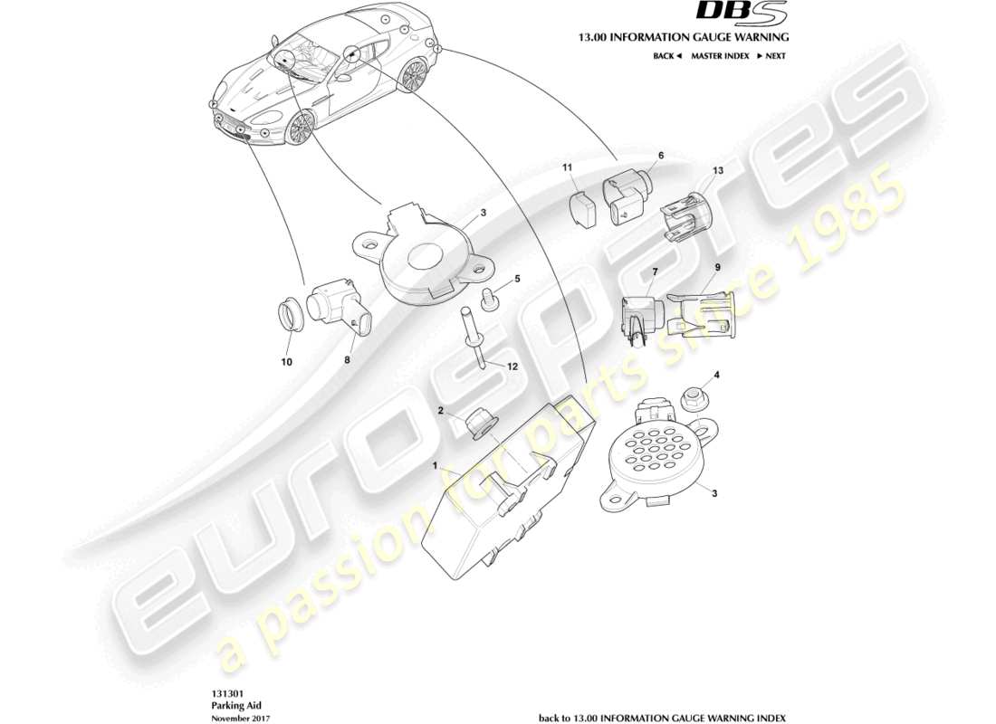 aston martin dbs (2013) diagrama de piezas de los sensores de ayuda al estacionamiento