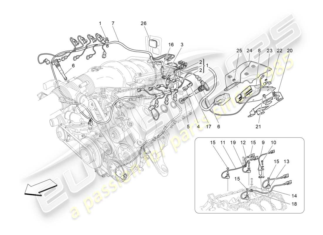 maserati granturismo (2010) control electrónico: diagrama de piezas de control de sincronización del motor y inyección