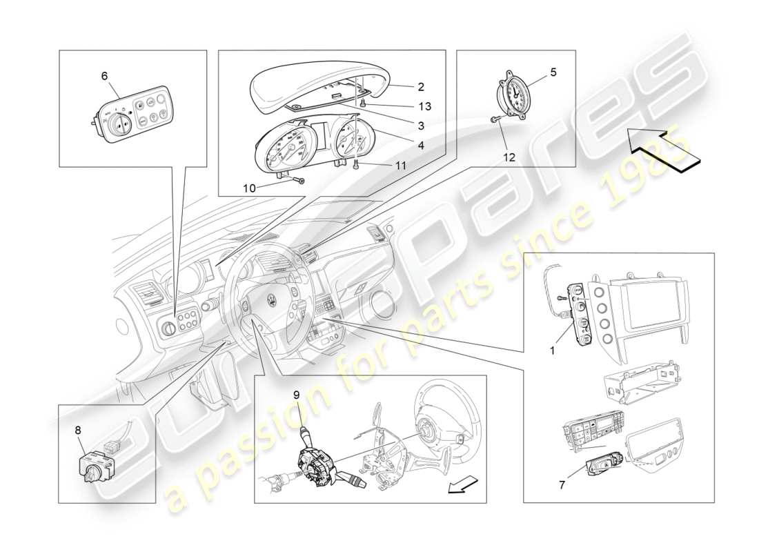 maserati granturismo (2011) diagrama de piezas de los dispositivos del tablero