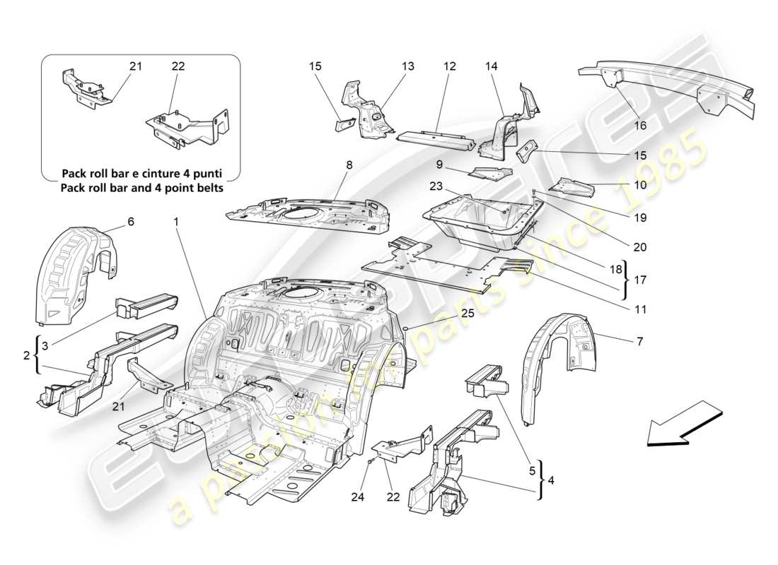 maserati qtp 3.0 tds v6 275hp (2015) diagrama de piezas de marcos estructurales traseros y paneles de chapa