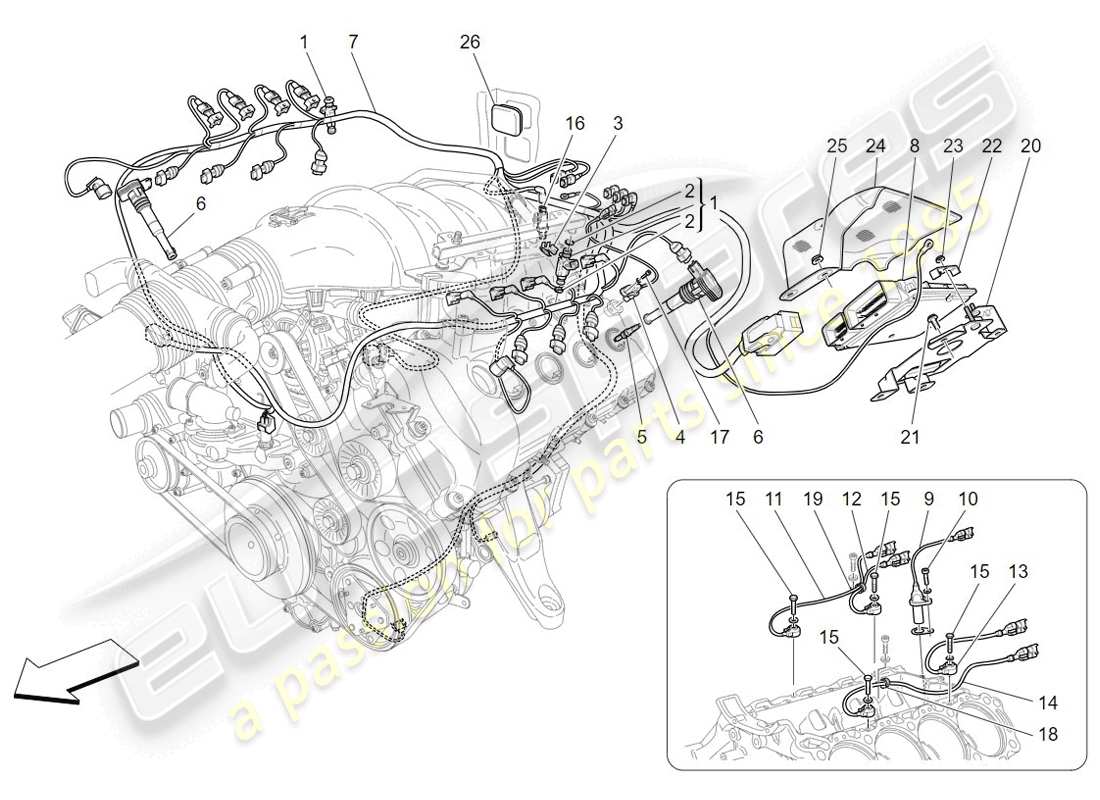 maserati granturismo (2009) control electrónico: diagrama de piezas de control de sincronización del motor y inyección
