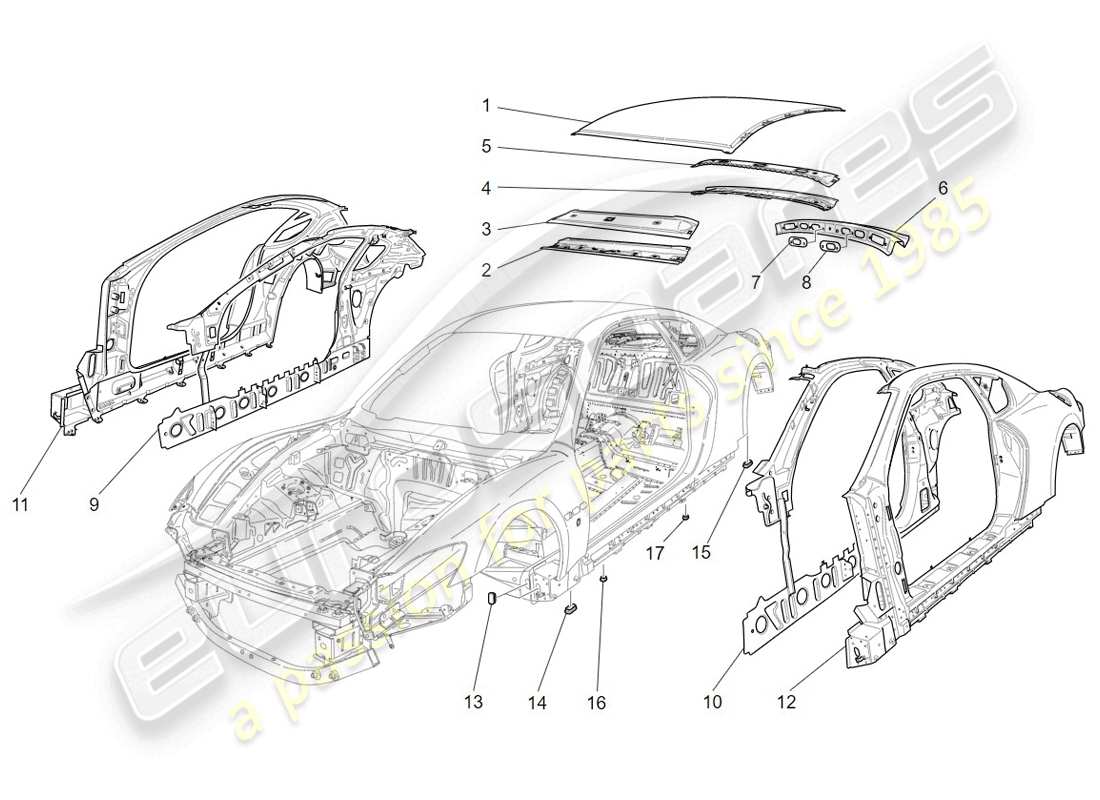 maserati granturismo (2009) carrocería y paneles exteriores centrales diagrama de piezas