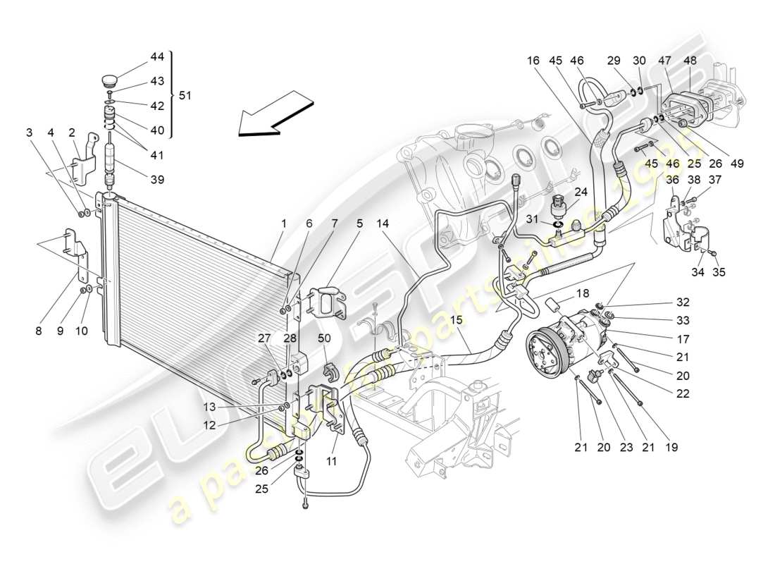 maserati granturismo s (2017) unidad de a/c: dispositivos del compartimiento del motor diagrama de piezas