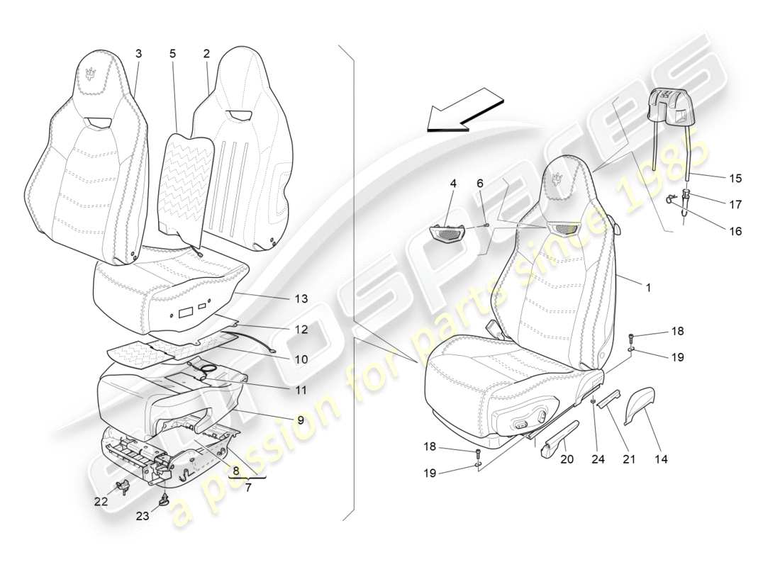 maserati granturismo s (2017) asientos delanteros: diagrama de piezas de los paneles tapizados