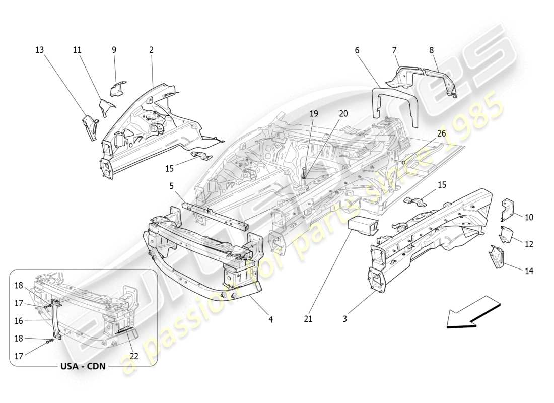 maserati granturismo (2008) marcos estructurales frontales y paneles de chapa diagrama de piezas