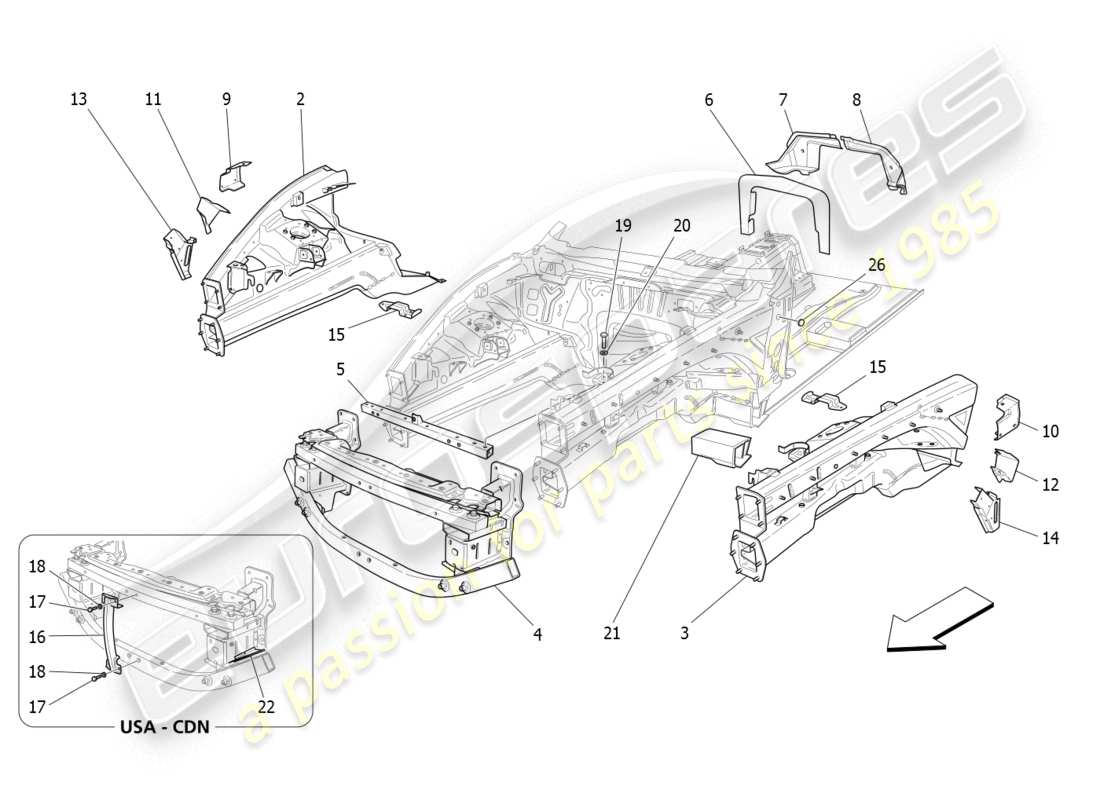 maserati granturismo (2008) diagrama de piezas de marcos estructurales frontales y paneles laminares