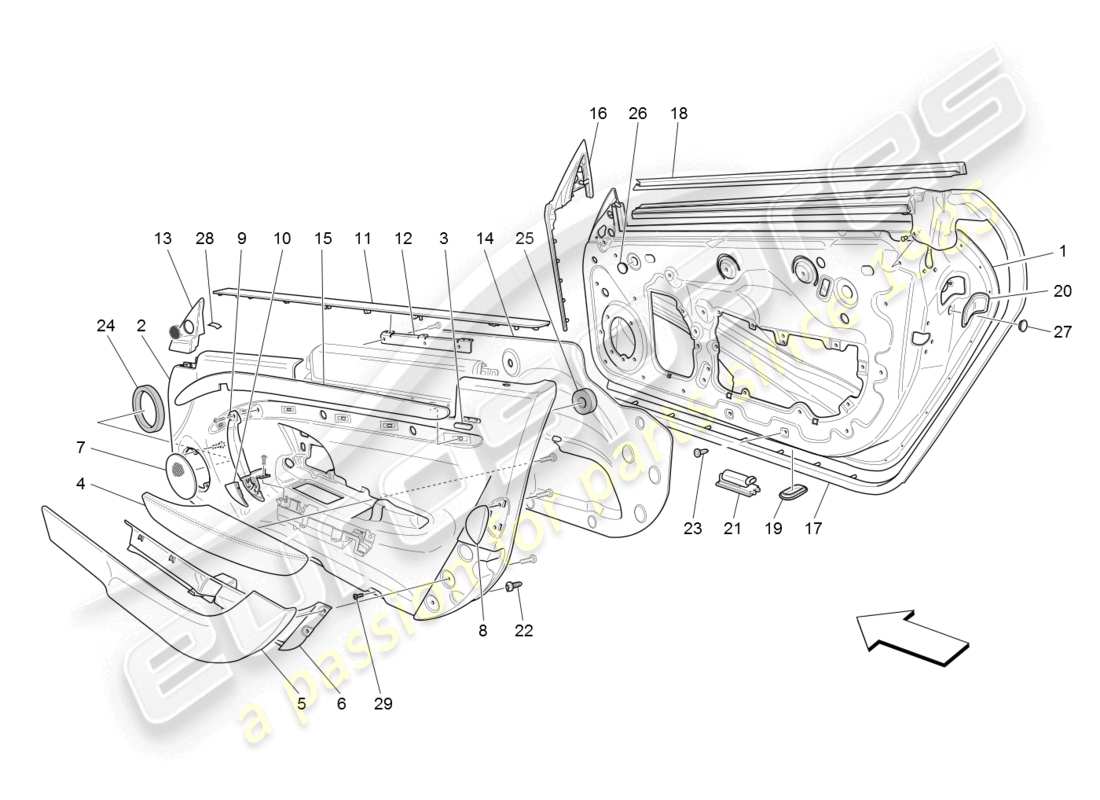 maserati granturismo (2008) puertas delanteras: diagrama de piezas de los paneles embellecedores