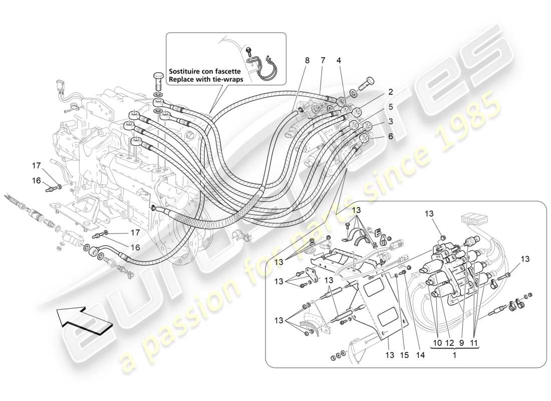 maserati granturismo s (2013) sistema hidráulico de activación de la caja de cambios: diagrama de piezas de la unidad de potencia