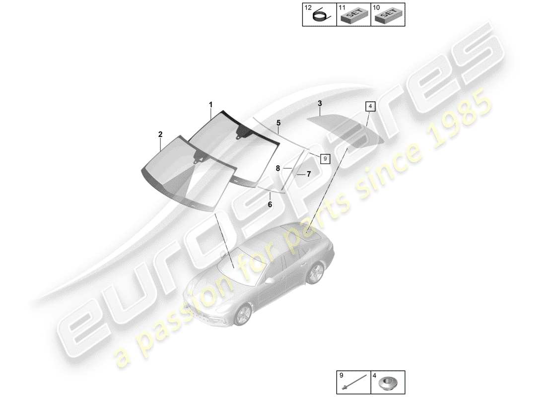 porsche 2017 (panamera 971-1) diagrama de piezas del vidrio del parabrisas