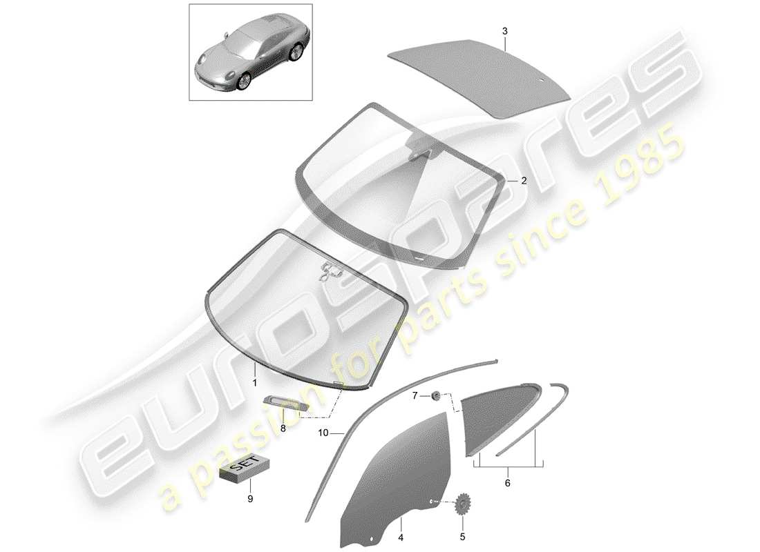 porsche 2014 (991-1) diagrama de piezas de ventanas