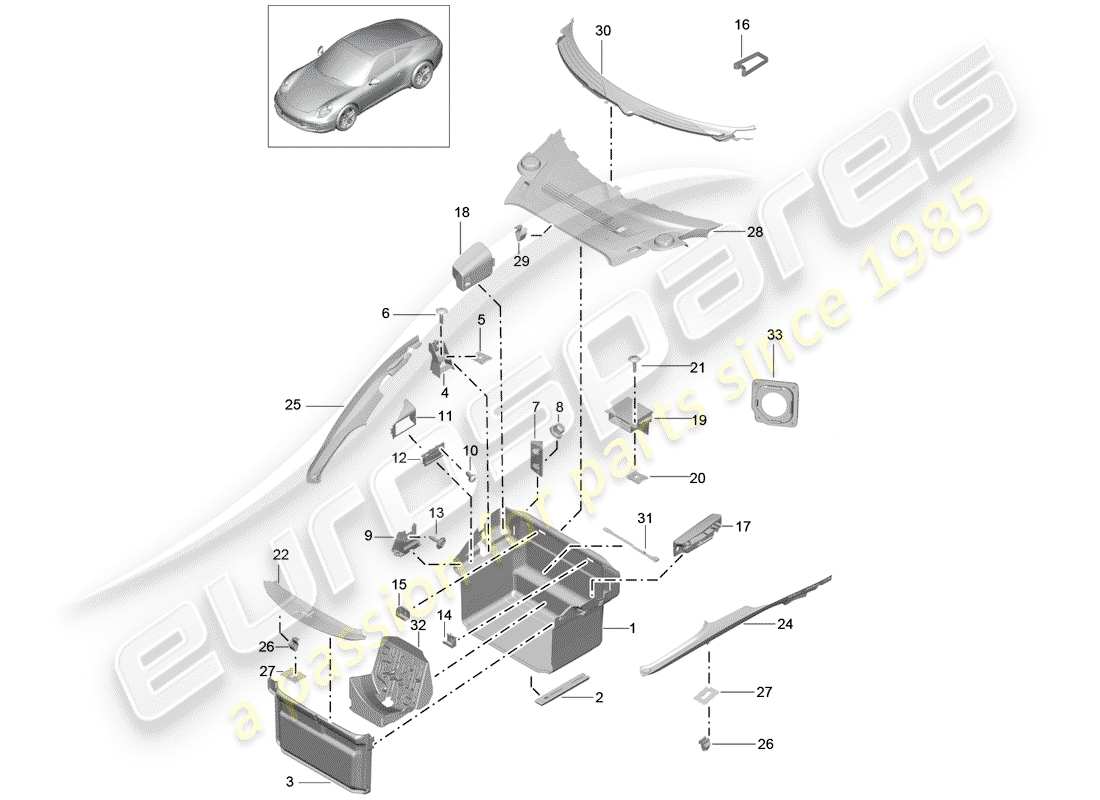 porsche 991 (2016) diagrama de piezas del compartimiento de equipaje