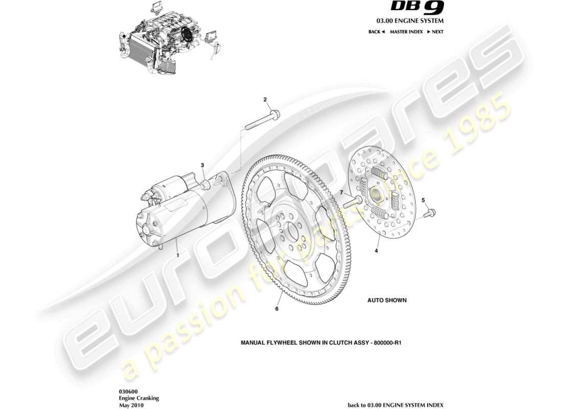 aston martin db9 (2006) diagrama de piezas del motor de arranque