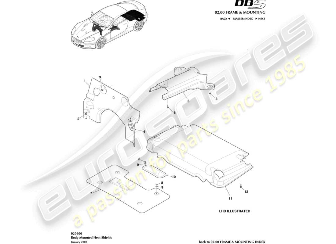 aston martin dbs (2014) diagrama de piezas de protectores contra salpicaduras y calor