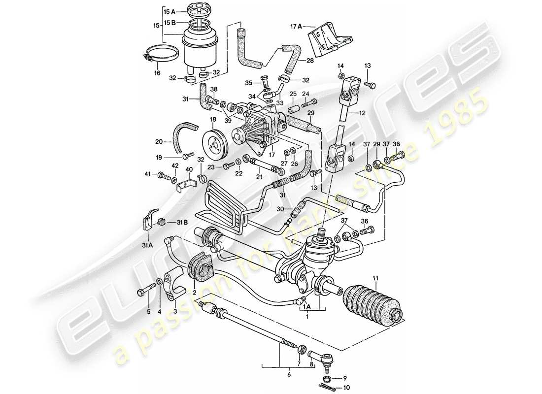 porsche 1987 (924s) dirección asistida - engranaje de dirección - bomba de dirección asistida - diagrama de partes líneas