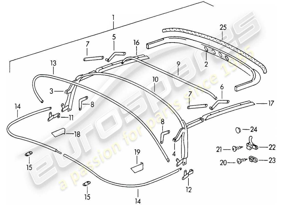 porsche 1954 (356/356a) marco superior - cubierta de lona diagrama de piezas