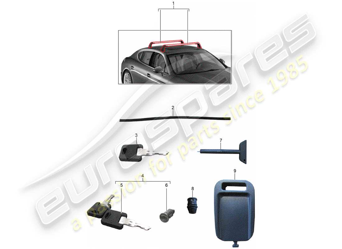porsche 2011 (tequipment panamera) portaequipajes de techo diagrama de piezas
