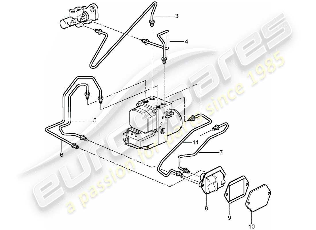 porsche 2001 (996 gt3) líneas de freno - extremo delantero diagrama de piezas