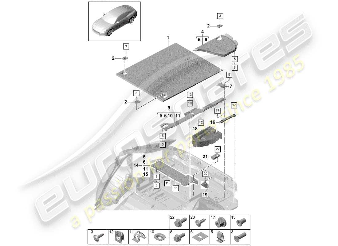 porsche 2017 (panamera 971-1) recubrimientos del tronco diagrama de piezas