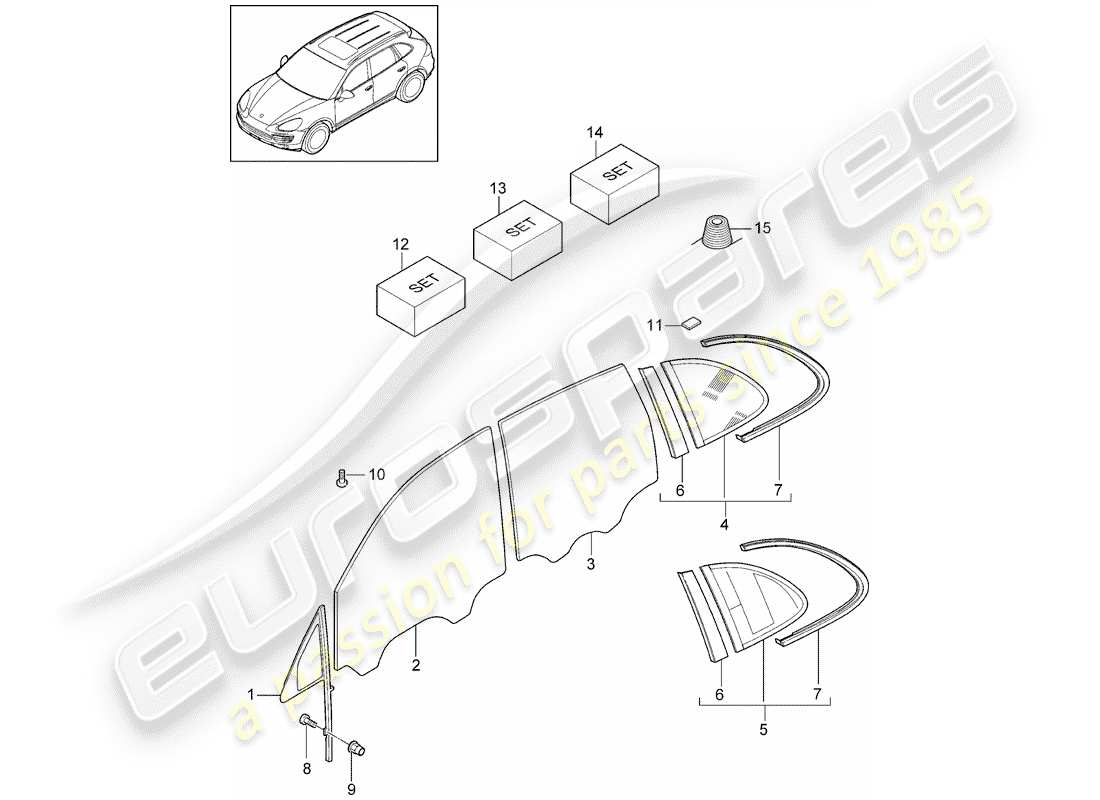 porsche 2016 (cayenne e2 92a) diagrama de piezas de vidrios para ventanas