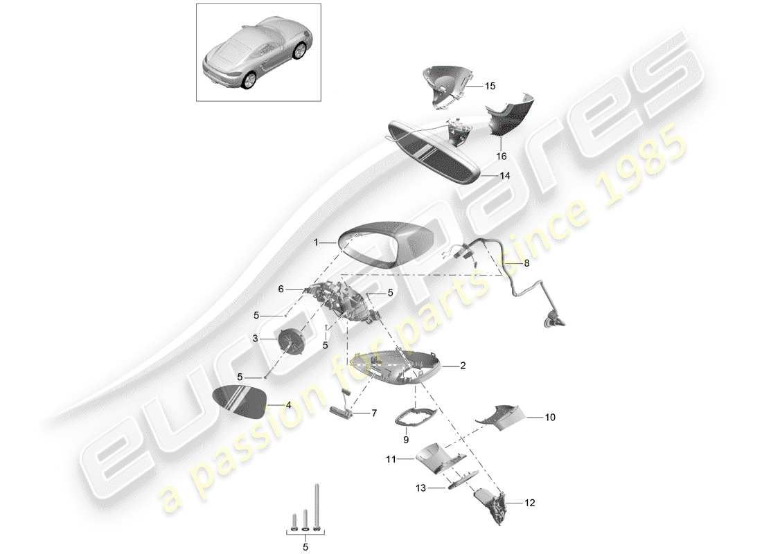 porsche 2017 (718 cayman) diagrama de piezas del espejo retrovisor