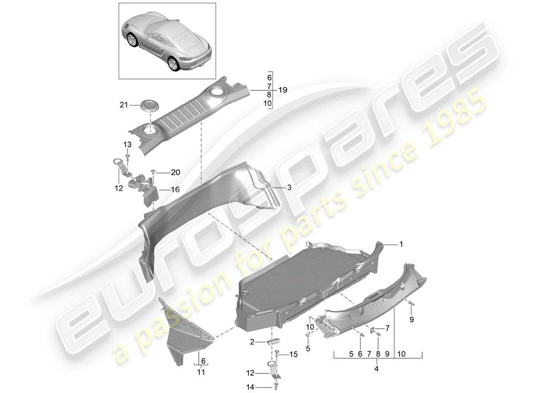 porsche 2020 (718 cayman) forro de bota diagrama de piezas