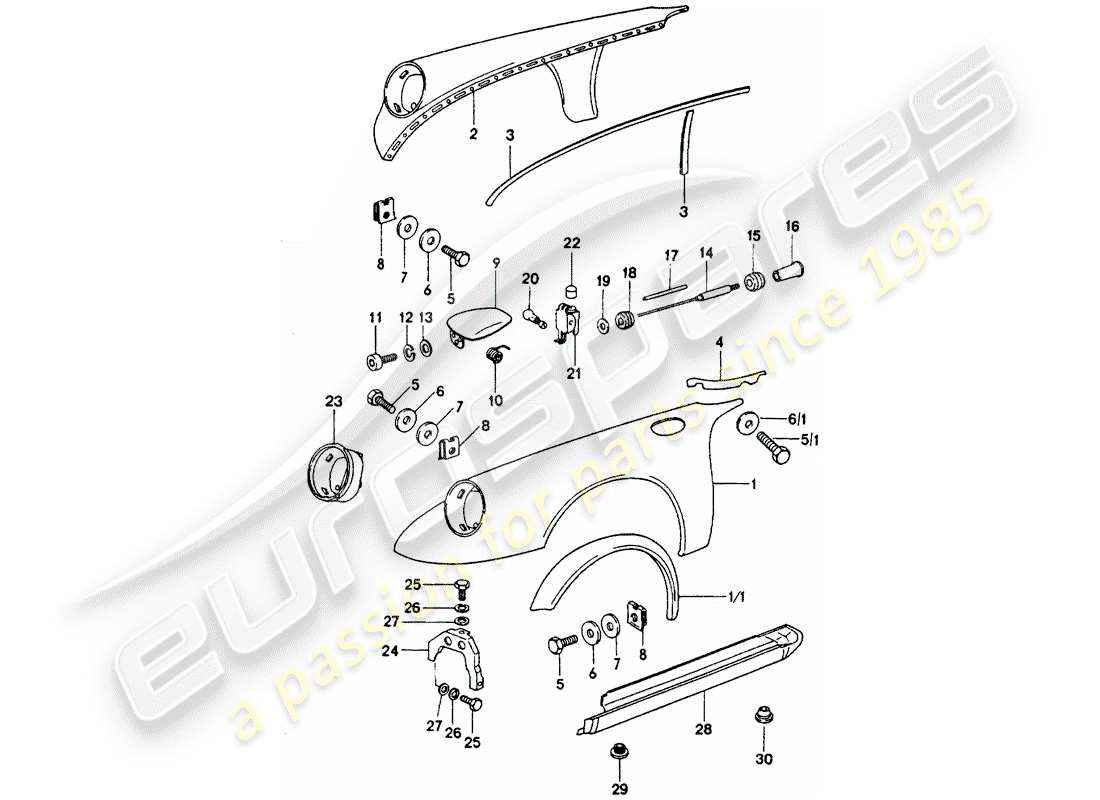 porsche 1976 (911 turbo) paneles exteriores diagrama de piezas