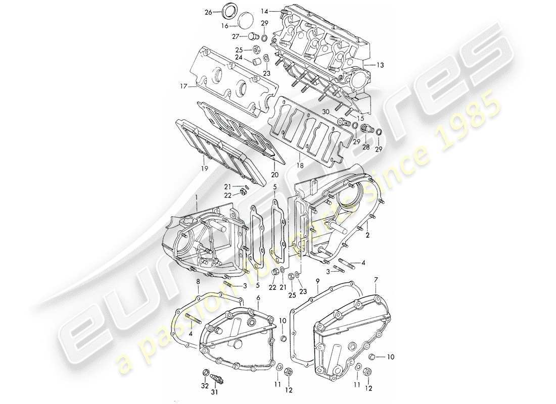 porsche 1972 (911) caja de cadena - carcasa del árbol de levas diagrama de piezas