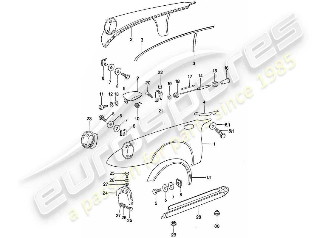 porsche 1976 (911) paneles exteriores diagrama de piezas