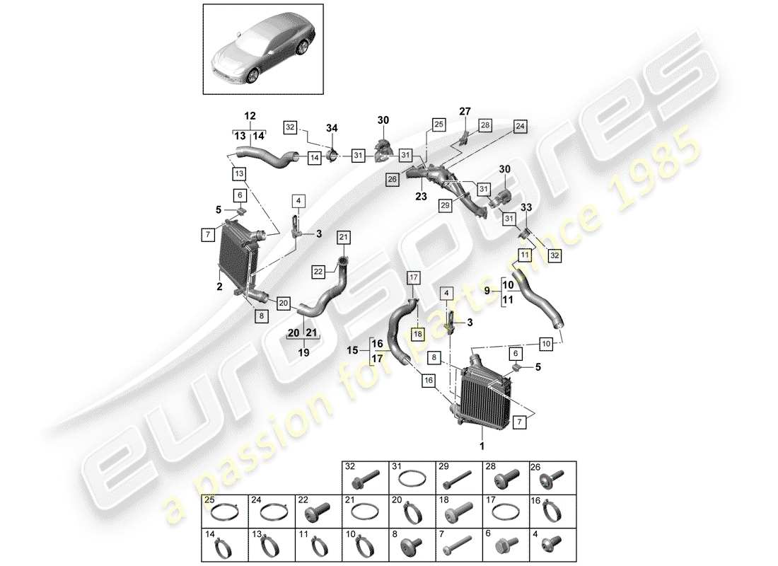 porsche panamera 971 (2017) enfriador de aire de carga diagrama de piezas