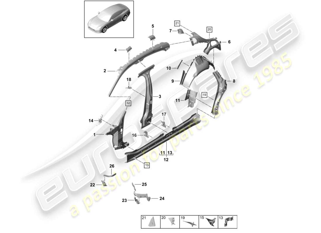 porsche 2019 (panamera 971-1) parte lateral interior exterior diagrama de piezas