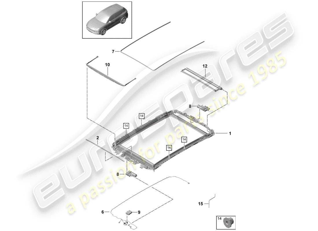 porsche 2020 (cayenne e3 9ya/9yb) diagrama de piezas del techo de cristal