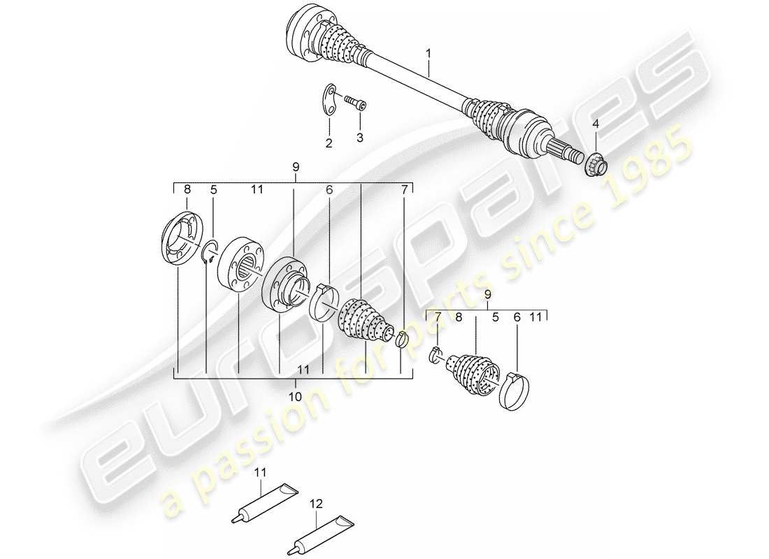 porsche 2008 (cayenne e1 9pa) eje de accionamiento diagrama de piezas
